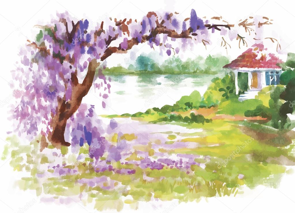 Watercolor landscape of river with flowers