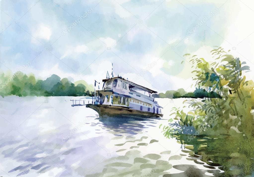 Watercolor Boat on river water vector illustration