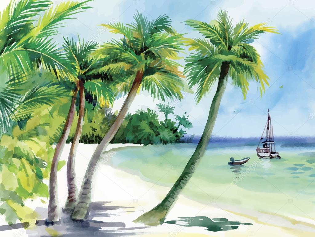 Summer beach with palm trees, seagulls and boat on shore, hand drawn, vector