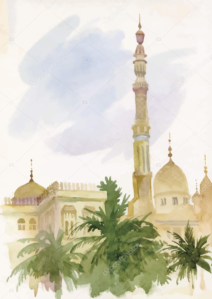 Watercolor islamic mosque painting