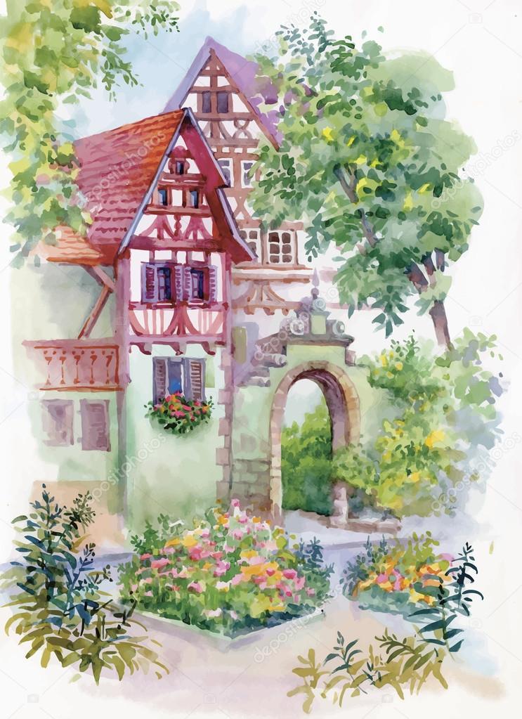 Watercolor painting of house in woods illustration