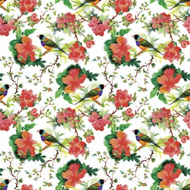 Çiçekler Dikişsiz desen beyaz zemin üzerine suluboya vahşi egzotik kuşlar