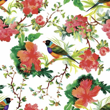 Çiçekler Dikişsiz desen beyaz zemin üzerine suluboya vahşi egzotik kuşlar