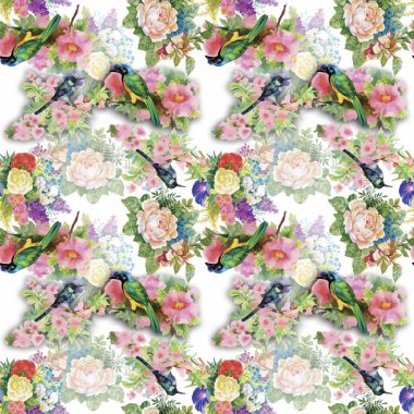 Çiçekler Dikişsiz desen beyaz zemin üzerine suluboya vahşi egzotik kuşlar