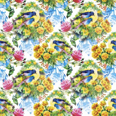 Çiçekler Dikişsiz desen beyaz zemin üzerine suluboya vahşi egzotik kuşlar