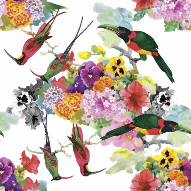 Çiçekler Dikişsiz desen beyaz zemin üzerine suluboya vahşi egzotik kuşlar
