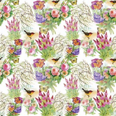 Çiçekler Dikişsiz desen beyaz zemin üzerine suluboya vahşi egzotik kuşlar