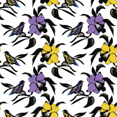 Çiçekler Dikişsiz desen beyaz zemin üzerine suluboya vahşi egzotik kuşlar
