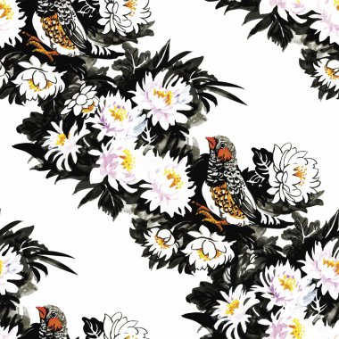 Çiçekler Dikişsiz desen beyaz zemin üzerine suluboya vahşi egzotik kuşlar