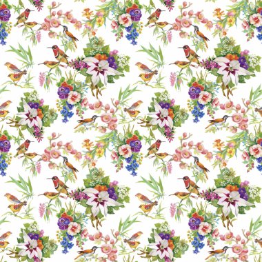 Çiçekler Dikişsiz desen beyaz zemin üzerine suluboya vahşi egzotik kuşlar