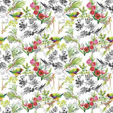 Çiçekler Dikişsiz desen beyaz zemin üzerine suluboya vahşi egzotik kuşlar