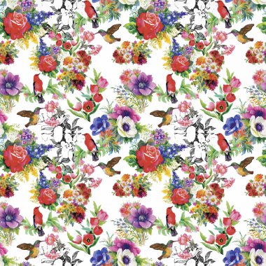 Çiçekler Dikişsiz desen beyaz zemin üzerine suluboya vahşi egzotik kuşlar
