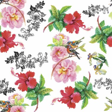 Çiçekler Dikişsiz desen beyaz zemin üzerine suluboya vahşi egzotik kuşlar