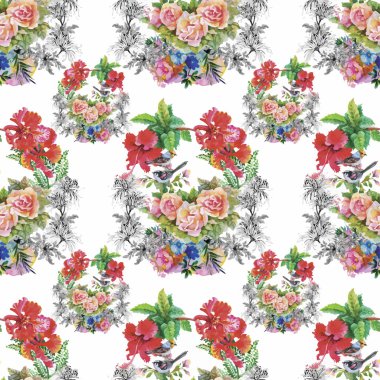 Çiçekler Dikişsiz desen beyaz zemin üzerine suluboya vahşi egzotik kuşlar