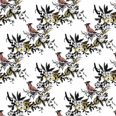 Çiçekler Dikişsiz desen beyaz zemin üzerine suluboya vahşi egzotik kuşlar