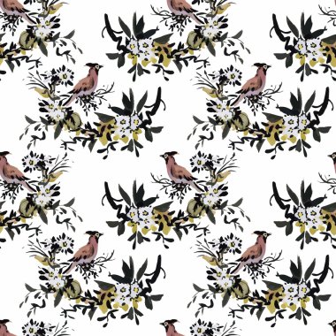 Çiçekler Dikişsiz desen beyaz zemin üzerine suluboya vahşi egzotik kuşlar