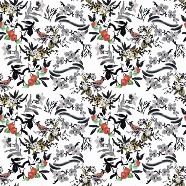 Çiçekler Dikişsiz desen beyaz zemin üzerine suluboya vahşi egzotik kuşlar