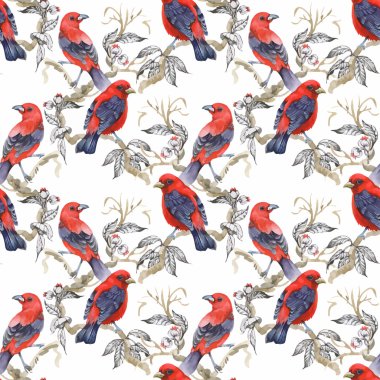 Çiçekler Dikişsiz desen beyaz zemin üzerine suluboya vahşi egzotik kuşlar