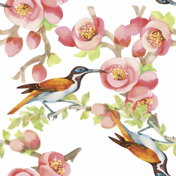 Acquerello Uccelli esotici selvatici sui fiori modello senza soluzione di continuità su sfondo bianco — Vettoriale Stock