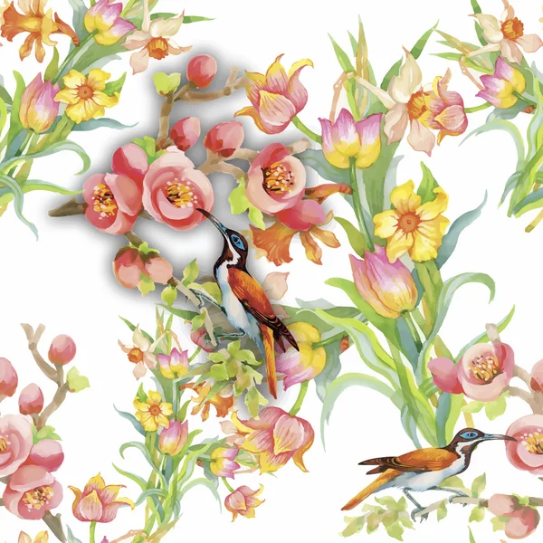 白い背景の上の花のシームレスなパターンの水彩エキゾチックな野鳥 — ストックベクタ