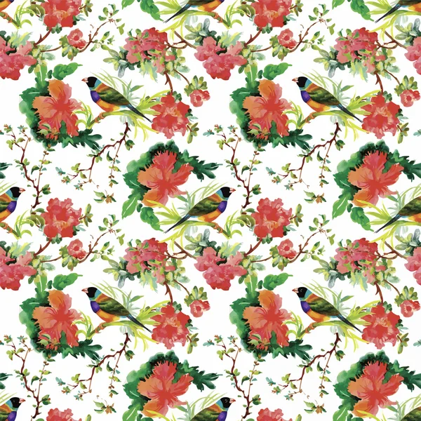 Watercolor Wild exotic birds on flowers seamless pattern on white background — Stock Vector