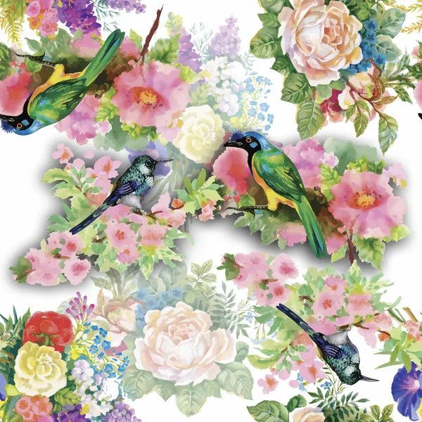 Aquarelle Oiseaux exotiques sauvages sur des fleurs motif sans couture sur fond blanc — Image vectorielle