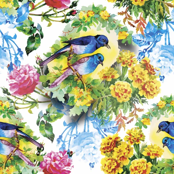 Aquarela Aves exóticas selvagens em flores sem costura padrão no fundo branco — Vetor de Stock