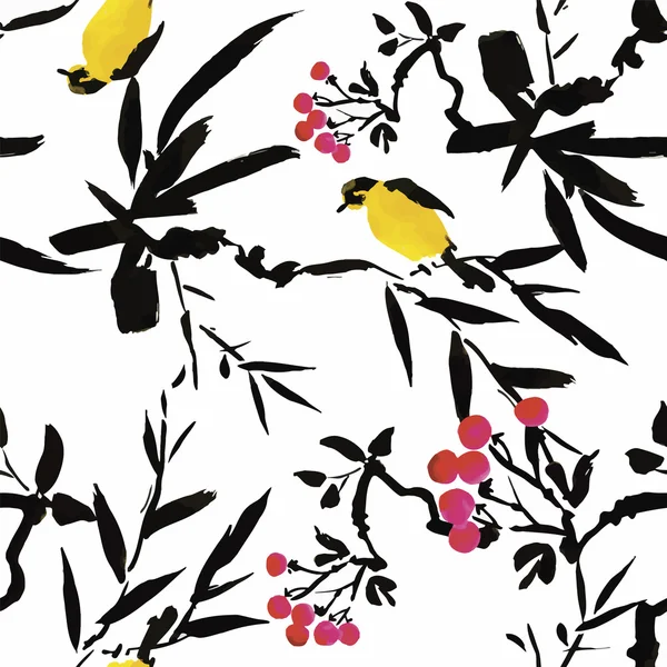 白い背景の上の花のシームレスなパターンの水彩エキゾチックな野鳥 — ストックベクタ