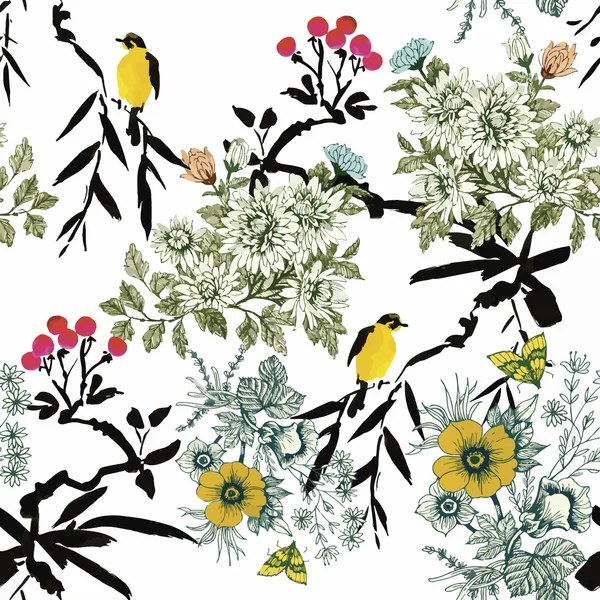 Aquarelle Oiseaux exotiques sauvages sur des fleurs motif sans couture sur fond blanc — Image vectorielle