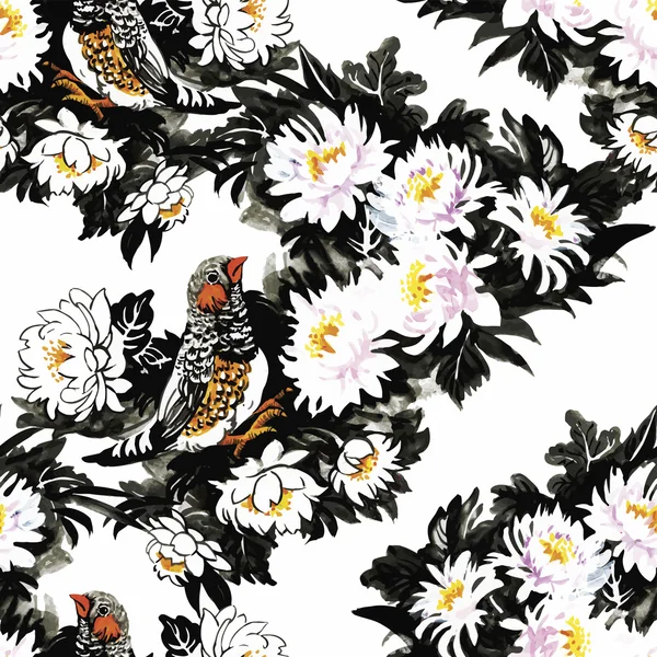 Watercolor Wild exotic birds on flowers seamless pattern on white background — Stock Vector