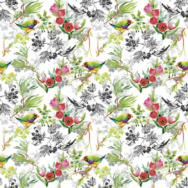 Watercolor Wild exotic birds on flowers seamless pattern on white background — Stock Vector