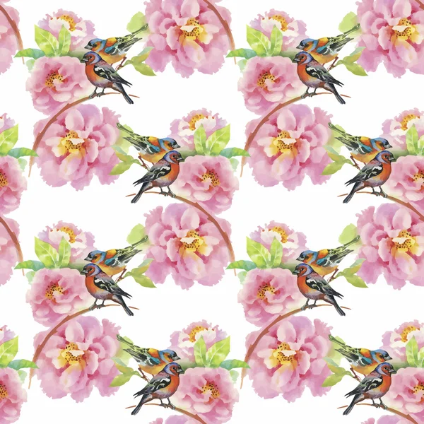 Watercolor Wild exotic birds on flowers seamless pattern on white background — Stock Vector