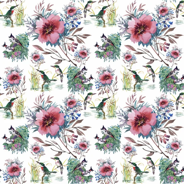 Акварель Дикие экзотические птицы на цветах бесшовный узор на белом фоне — стоковый вектор