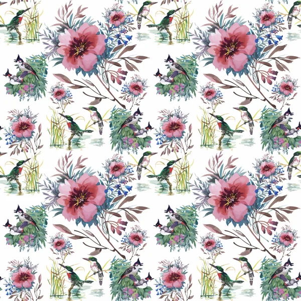 Watercolor Wild exotic birds on flowers seamless pattern on white background — Stock Vector