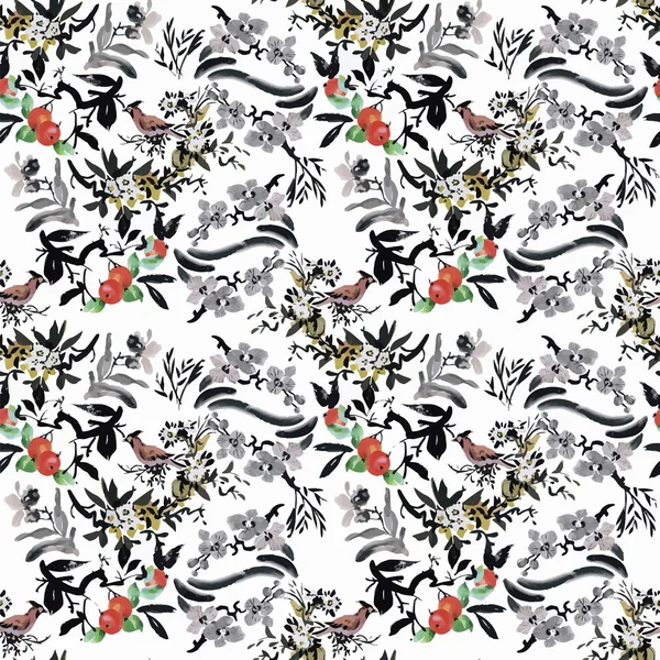Watercolor Wild exotic birds on flowers seamless pattern on white background — Stock Vector