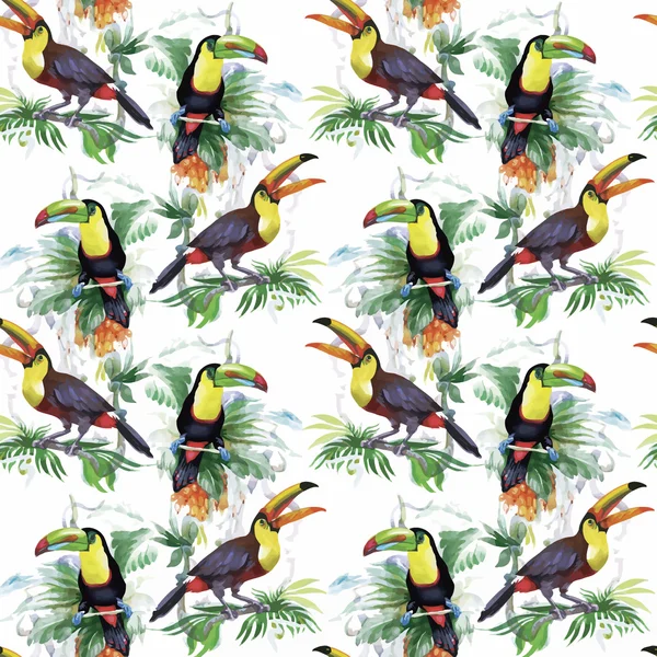 Watercolor Wild exotic birds on flowers seamless pattern on white background