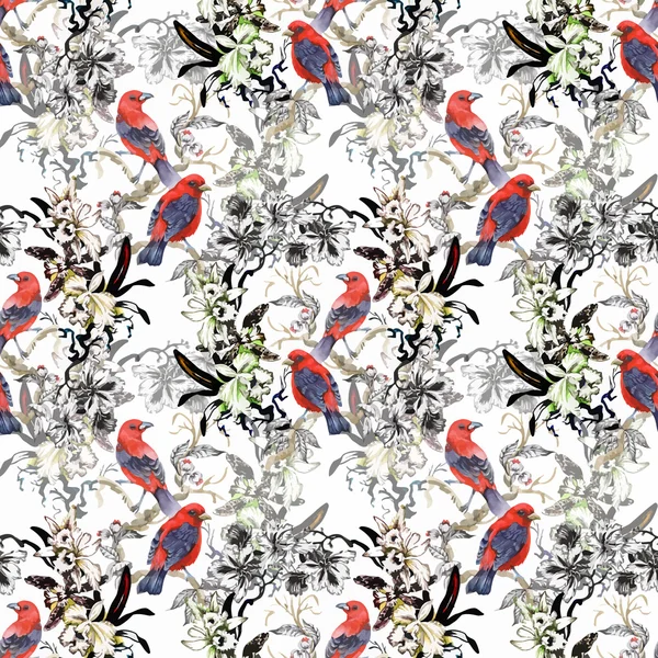 Watercolor Wild exotic birds on flowers seamless pattern on white background — Stock Vector