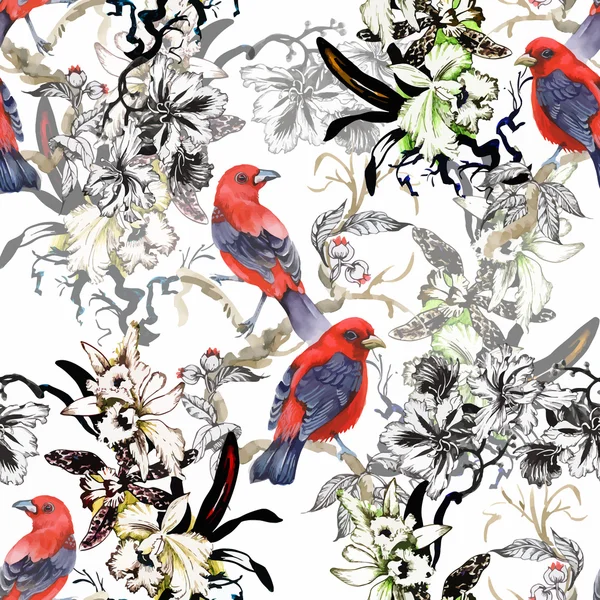 Watercolor Wild exotic birds on flowers seamless pattern on white background — Stock Vector