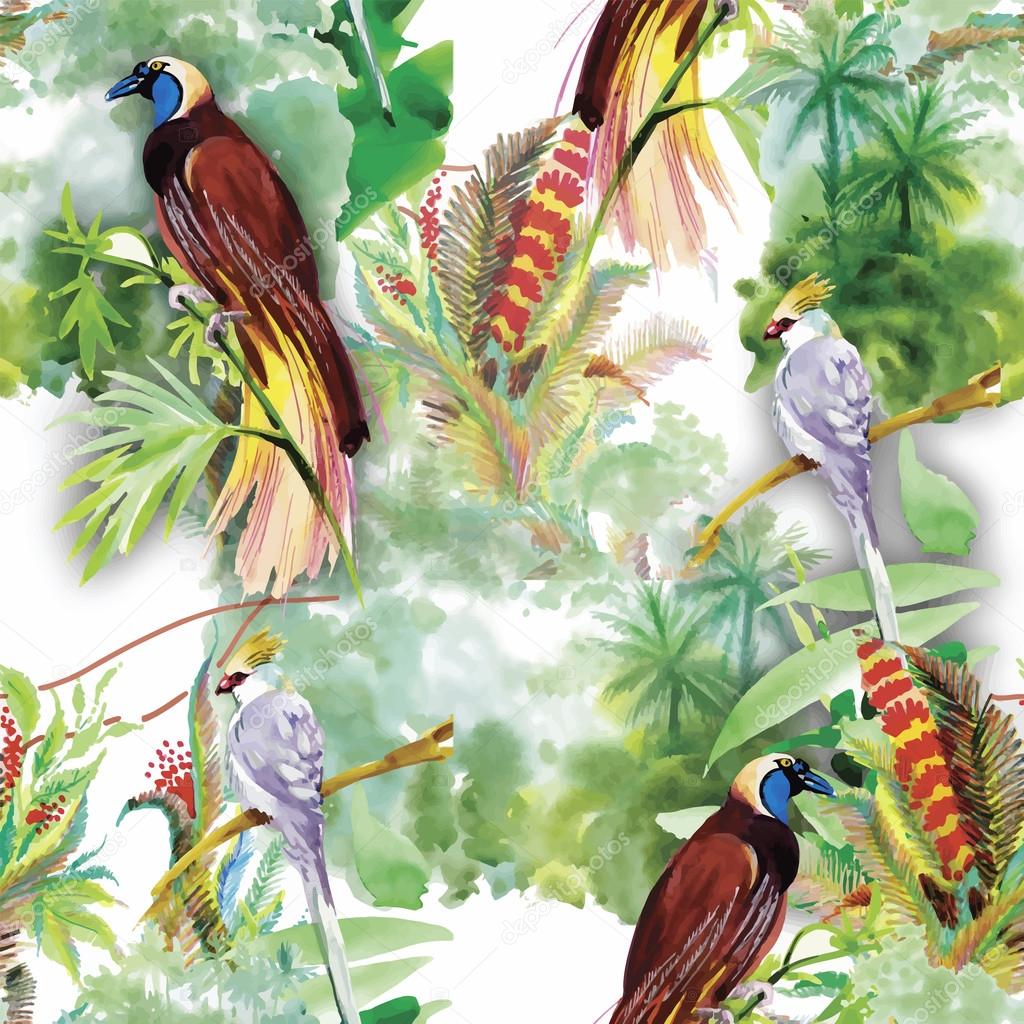 Watercolor Wild exotic birds on flowers seamless pattern on white background