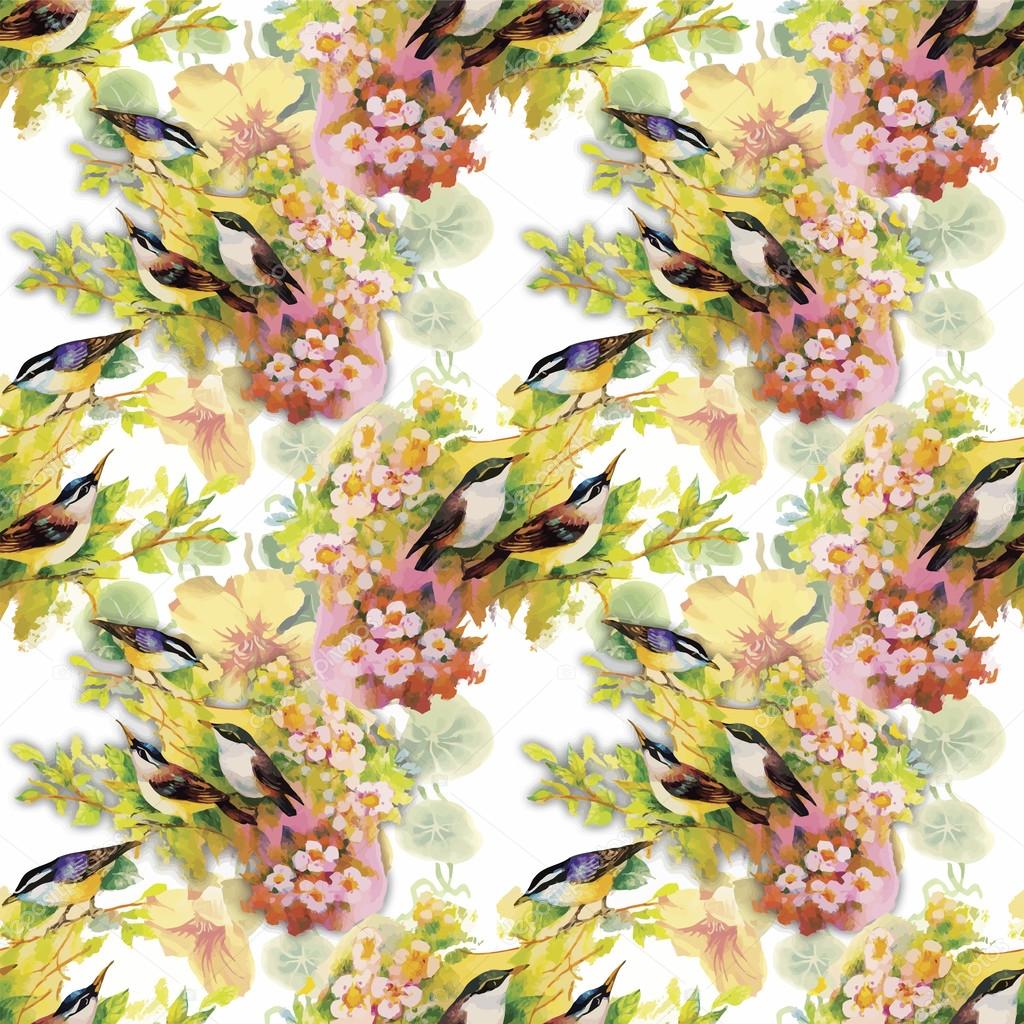 Watercolor Wild exotic birds on flowers seamless pattern on white background