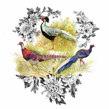 Watercolor hand drawn pattern with tropical summer flowers of and exotic birds