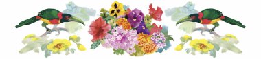 Watercolor hand drawn pattern with tropical summer flowers of and exotic birds