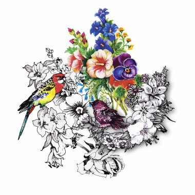 Watercolor hand drawn pattern with tropical summer flowers of and exotic birds