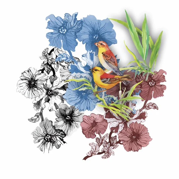 Padrão desenhado à mão aquarela com flores tropicais de verão e pássaros exóticos — Vetor de Stock