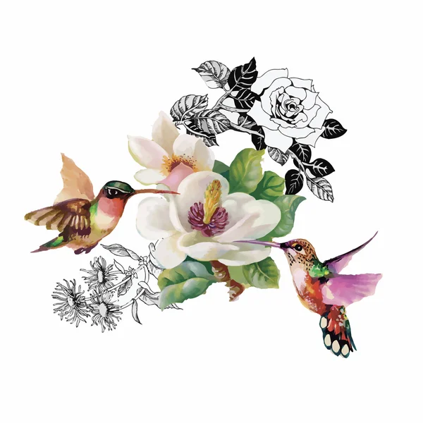Акварельний малюнок рук з тропічними літніми квітами і екзотичними птахами — стоковий вектор