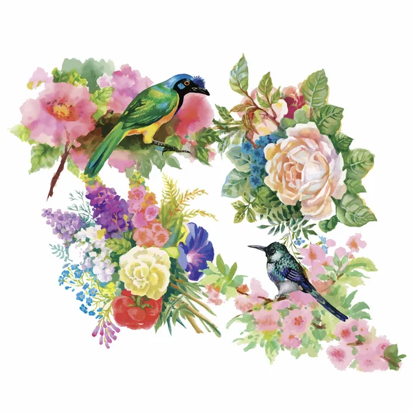 Aquarelle motif dessiné à la main avec des fleurs tropicales d'été et des oiseaux exotiques — Image vectorielle