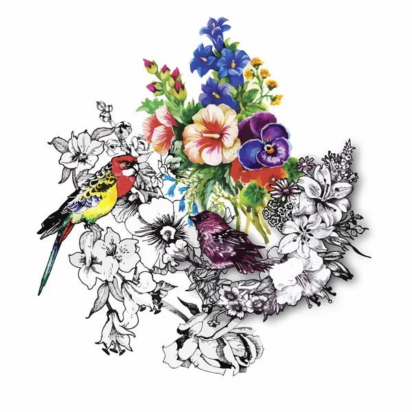 Watercolor hand drawn pattern with tropical summer flowers of and exotic birds — Wektor stockowy