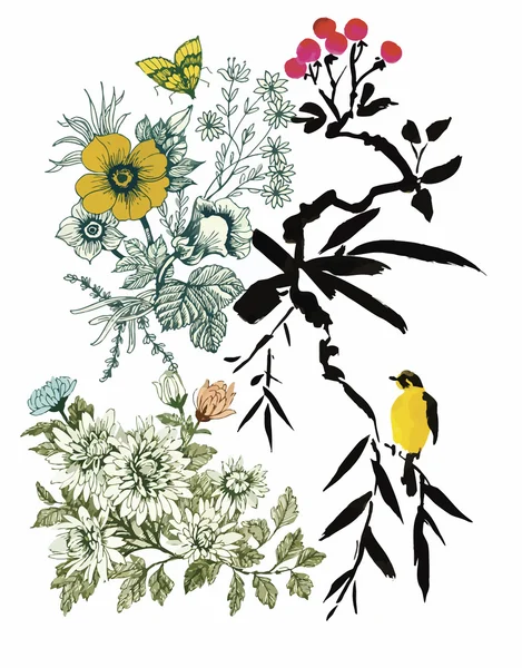 Aquarelle motif dessiné à la main avec des fleurs tropicales d'été et des oiseaux exotiques — Image vectorielle
