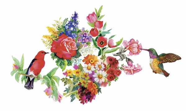 Acuarela patrón dibujado a mano con flores tropicales de verano y aves exóticas — Archivo Imágenes Vectoriales