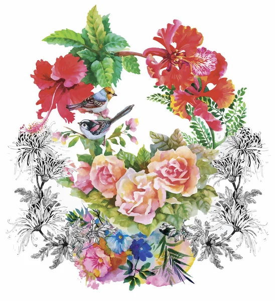 Watercolor hand drawn pattern with tropical summer flowers of and exotic birds — Stock vektor